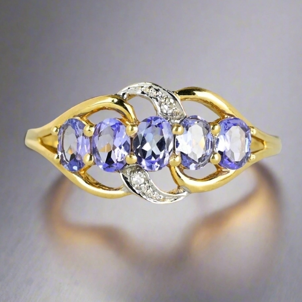 SALE Solid 14K Gold Natural 5 Stone Tanzanite Diamond Ring Sz 7 - Picture 11 of 13